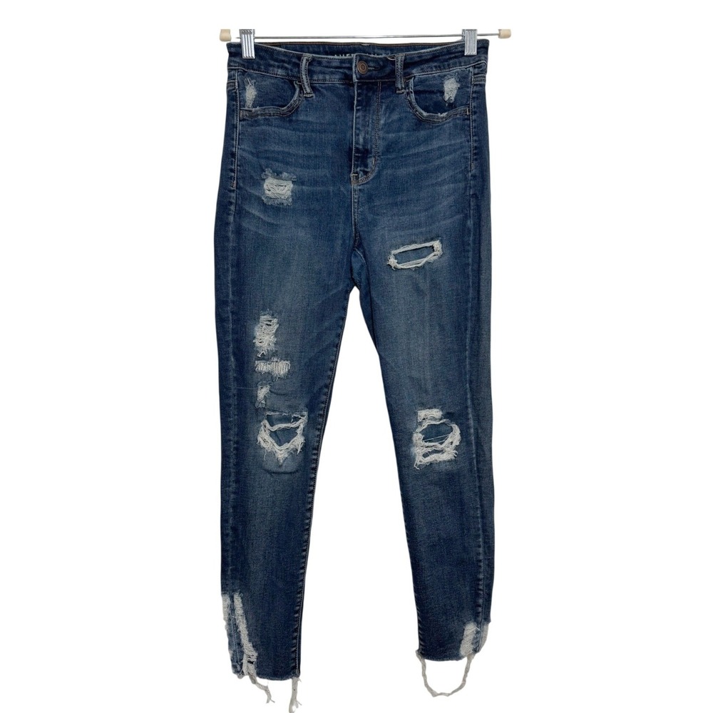 American Eagle Super Hi-Rise Jegging Jeans Womens 10 Short Distressed Blue Denim